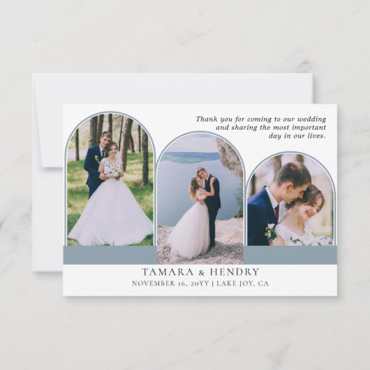 Dusty Blue 4 Arched Foto Bruiloft Kalligrafie Bedankkaart (Achterkant)