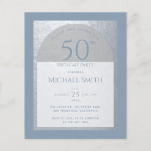 Dusty Blue 50th Birthday Silver Budget Invitation