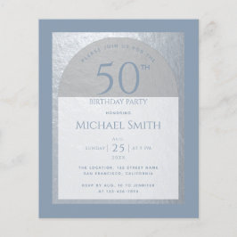 Dusty Blue 50th Birthday Silver Budget Invitation