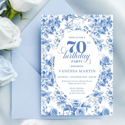 Dusty Blue 70th Birthday Floral Invitation Card Kaart