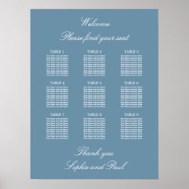 Dusty Blue 9 Table Wedding Seding Chart Poster