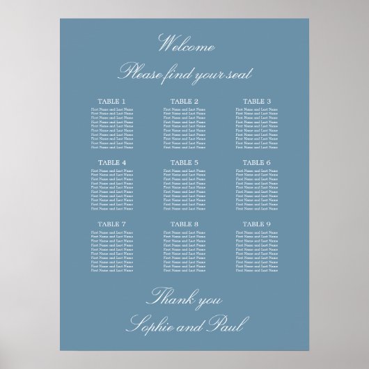 Dusty Blue 9 Table Wedding Seding Chart Poster (Voorkant)