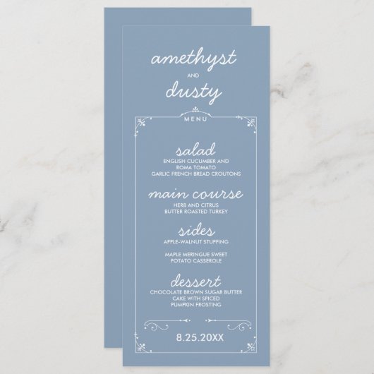 Dusty Blue Aangepaste Kleur Wedding Menu Kaarten (Voorkant / Achterkant)