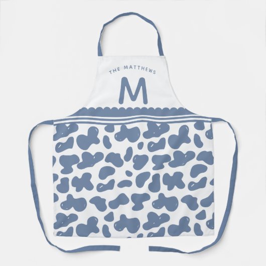 Dusty Blue Aangepaste Naam & Monogram Koe Patroon Schort (Voorkant)