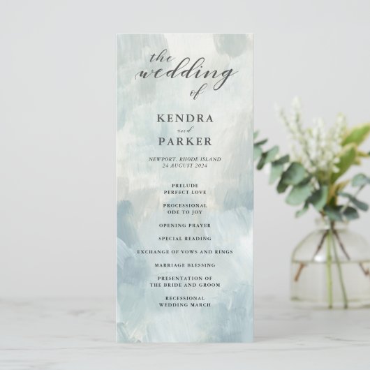 Dusty Blue Abstracte Brushstrokes bruiloft program Programmakaart (Staand voorkant)