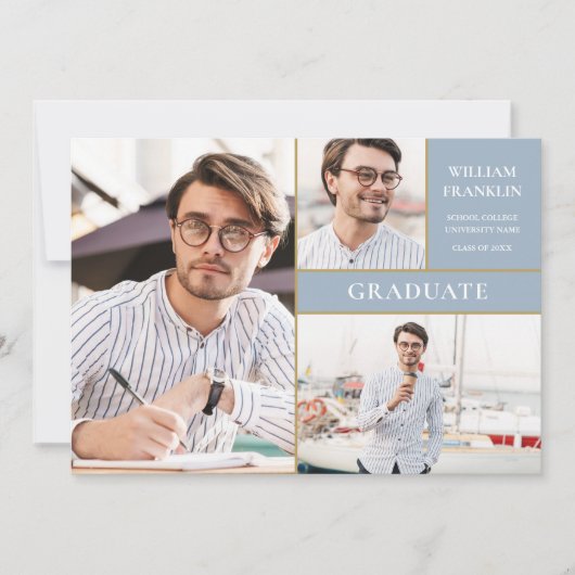 Dusty Blue Afstuderen Gold 3 Foto Afstuderen Aankondiging (Voorkant)