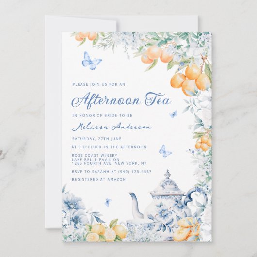 Dusty Blue Afternoon Tea Bruidsdouche uitnodiging (Voorkant)