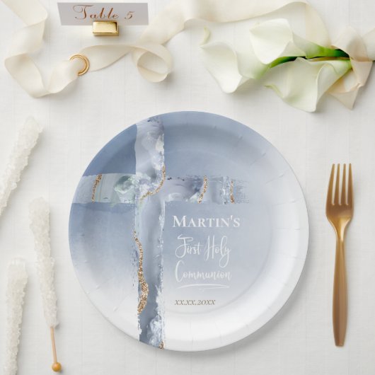  dusty blue agate cross First Communion Papieren Bordje (Huwelijk)