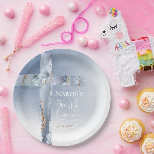  dusty blue agate cross First Communion Papieren Bordje (Feest)