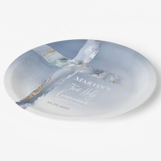  dusty blue agate cross First Communion Papieren Bordje (Gekanteld)