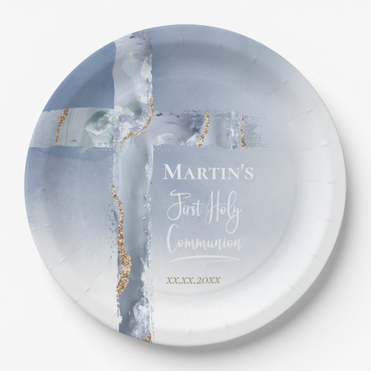  dusty blue agate cross First Communion Papieren Bordje (Voorkant)