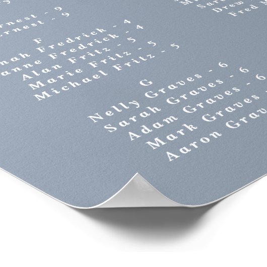 Dusty Blue Alfabetical Wedding Seating Chart Poster (Hoek)
