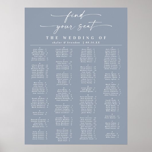 Dusty Blue Alfabetical Wedding Seating Chart Poster (Voorkant)