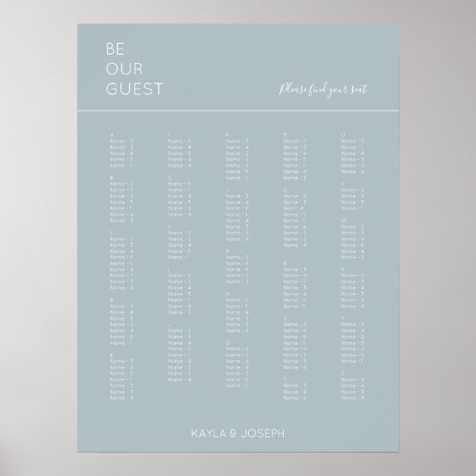 Dusty Blue Alfabetical Wedding Seating Chart Poster (Voorkant)