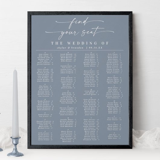 Dusty Blue Alfabetical Wedding Seating Chart Poster