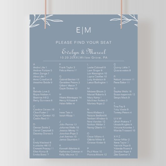 Dusty Blue Alfabetical Wedding Seating Chart Poster