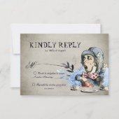 Dusty Blue Alice in Wonderland Mad Hatter Bruiloft RSVP Kaartje (Voorkant)