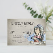 Dusty Blue Alice in Wonderland Mad Hatter Bruiloft RSVP Kaartje (Staand voorkant)