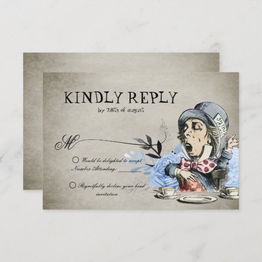 Dusty Blue Alice in Wonderland Mad Hatter Bruiloft RSVP Kaartje (Voorkant / Achterkant)