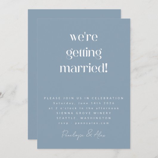 Dusty Blue All in One Minimalist Modern Weddenscha Kaart (Voorkant / Achterkant)