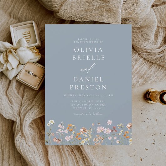 Dusty Blue All in One Wildflower QR-code bruiloft Kaart