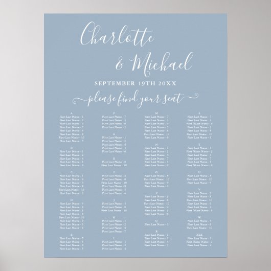 Dusty Blue Alphabetical Wedding Seating Chart Poster (Voorkant)