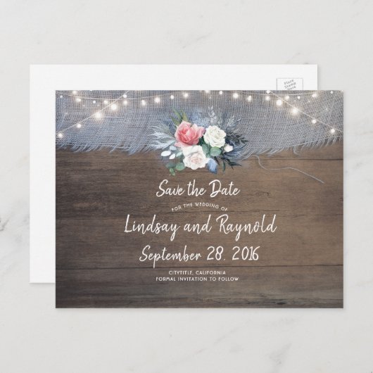 Dusty Blue and Blush Rustic Country Save the Date Aankondigingskaart (Voorkant / Achterkant)