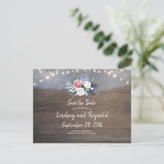 Dusty Blue and Blush Rustic Country Save the Date Aankondigingskaart (Staand voorkant)