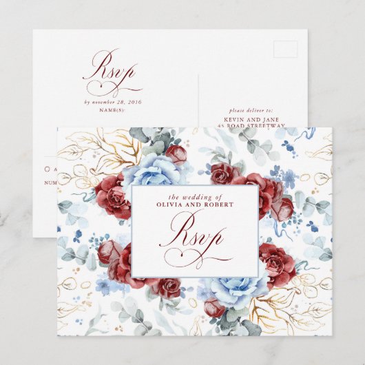 Dusty Blue and Burgundy Red Wedding RSVP Postcard Briefkaart (Voorkant / Achterkant)