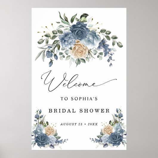 Dusty Blue and Champagne Bridal Shower Welcome Poster (Voorkant)