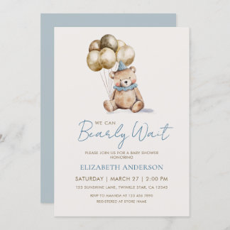 Dusty Blue and Gold Bearly Wait Bear Baby Shower Kaart
