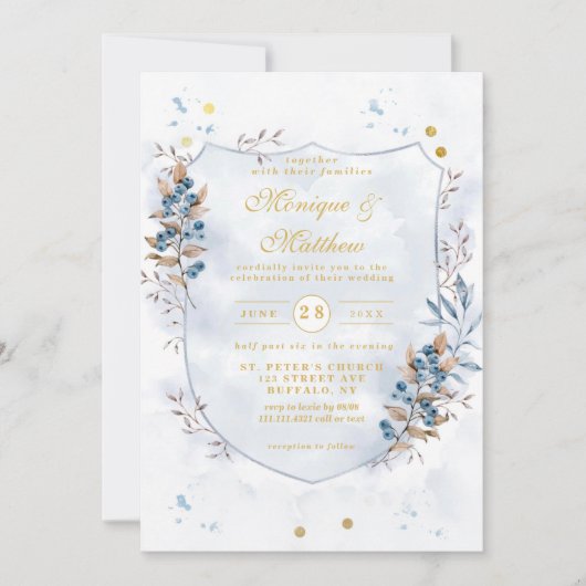 Dusty Blue and Gold Blueberries Shield Wedding Kaart (Voorkant)