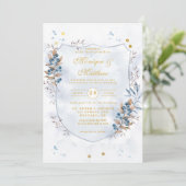 Dusty Blue and Gold Blueberries Shield Wedding Kaart (Staand voorkant)