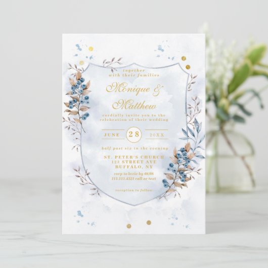 Dusty Blue and Gold Blueberries Shield Wedding Kaart (Staand voorkant)