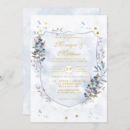 Dusty Blue and Gold Blueberries Shield Wedding Kaart