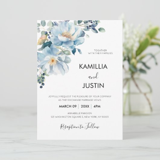 Dusty Blue and Gold Elegant Floral Rustic Wedding  Kaart (Staand voorkant)