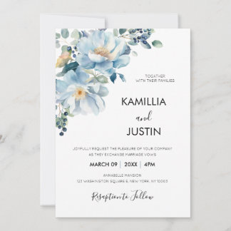 Dusty Blue and Gold Elegant Floral Rustic Wedding  Kaart