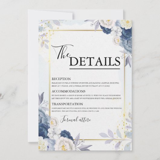 Dusty Blue and Gold Floral Wedding Details Kaart (Voorkant)