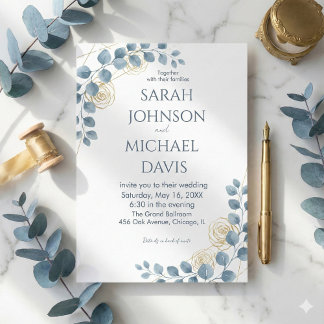 Dusty Blue and Gold Floral wedding Kaart