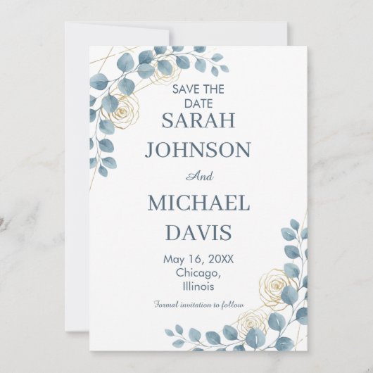 Dusty Blue And Gold Floral Wedding Save The Date (Voorkant)