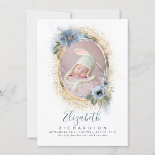 Dusty Blue and Gold Foto Geboorte aankondiging Bab