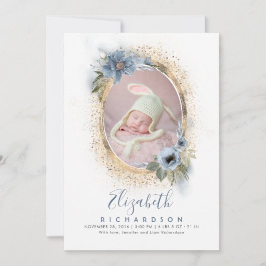 Dusty Blue and Gold Foto Geboorte aankondiging Bab (Voorkant)