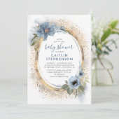 Dusty Blue and Gold Glitter Baby shower Kaart (Staand voorkant)
