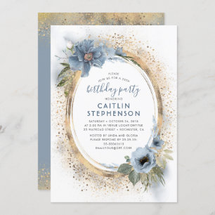 Dusty Blue and Gold Glitter Bloemen Verjaardagsfee Kaart