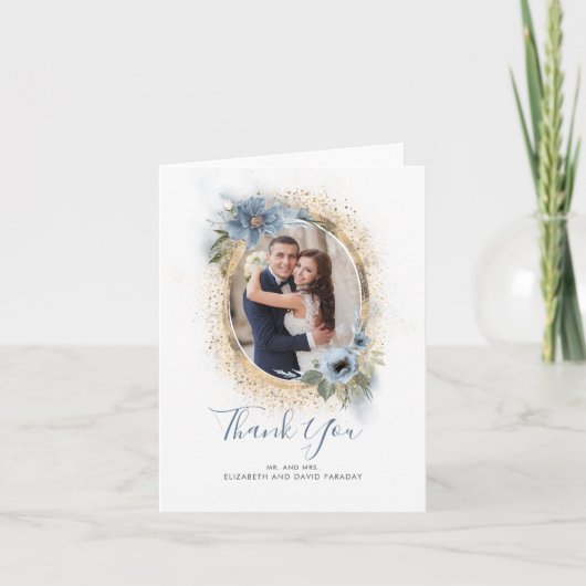 Dusty Blue and Gold Glitter Dank u Foto Bedankkaart (Voorkant)