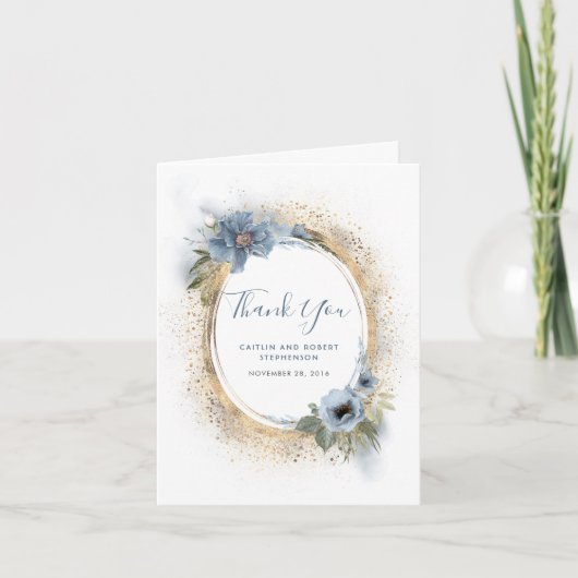 Dusty Blue and Gold Glitter Floral Bedankt (Voorkant)