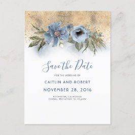 Dusty Blue and Gold Glitter Floral Save the Date Aankondigingskaart