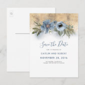 Dusty Blue and Gold Glitter Floral Save the Date Aankondigingskaart (Voorkant / Achterkant)