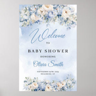 Dusty Blue and Ivory Flowers Baby shower welkom Poster