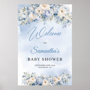 Dusty Blue and Ivory Flowers Baby shower welkom Poster